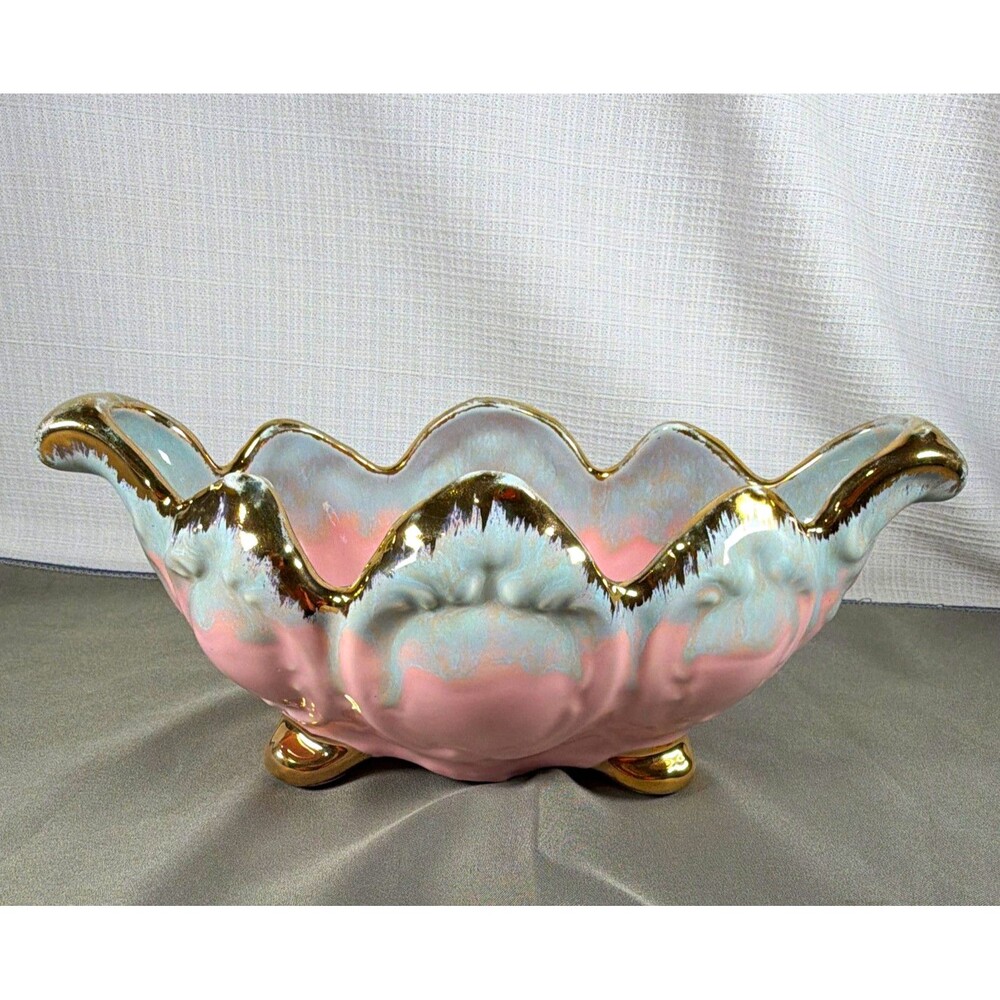 Vtg Hull 1950s Pink & Swirl Footed Hollywood Regency Scalloped Gold Trim Bowl